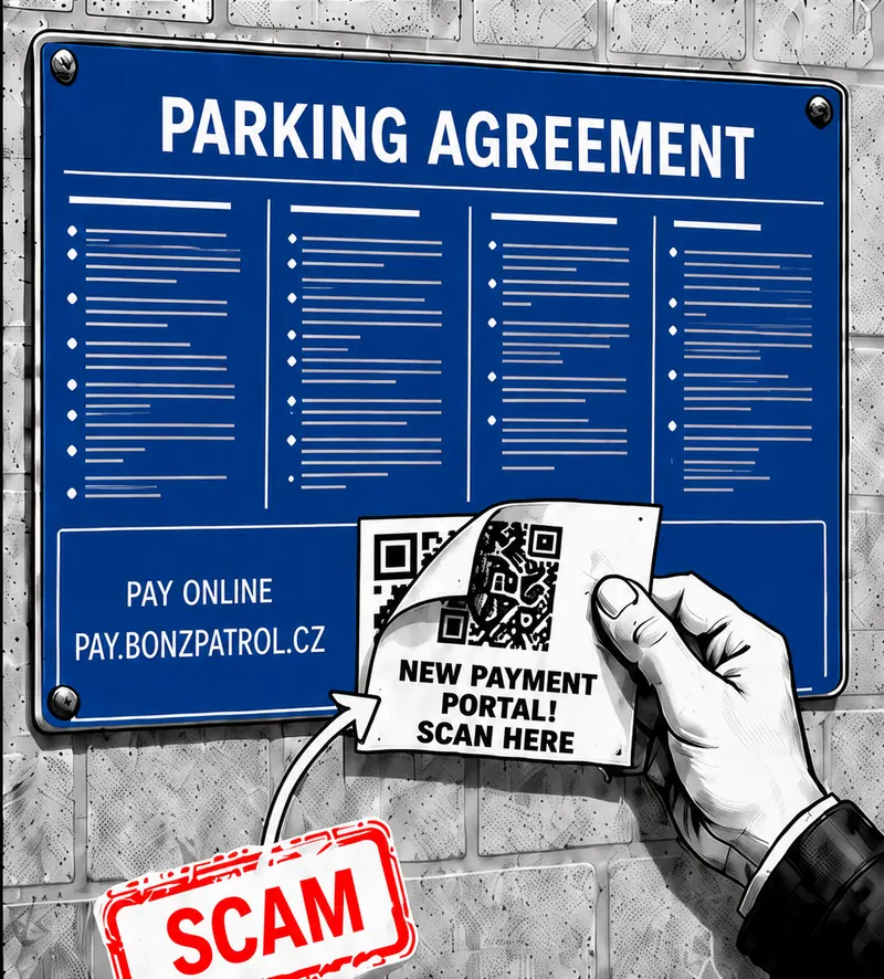A large blue Parking Agreement sign with its genuine printed QR code partly covered by a fraudulent QR-code sticker.