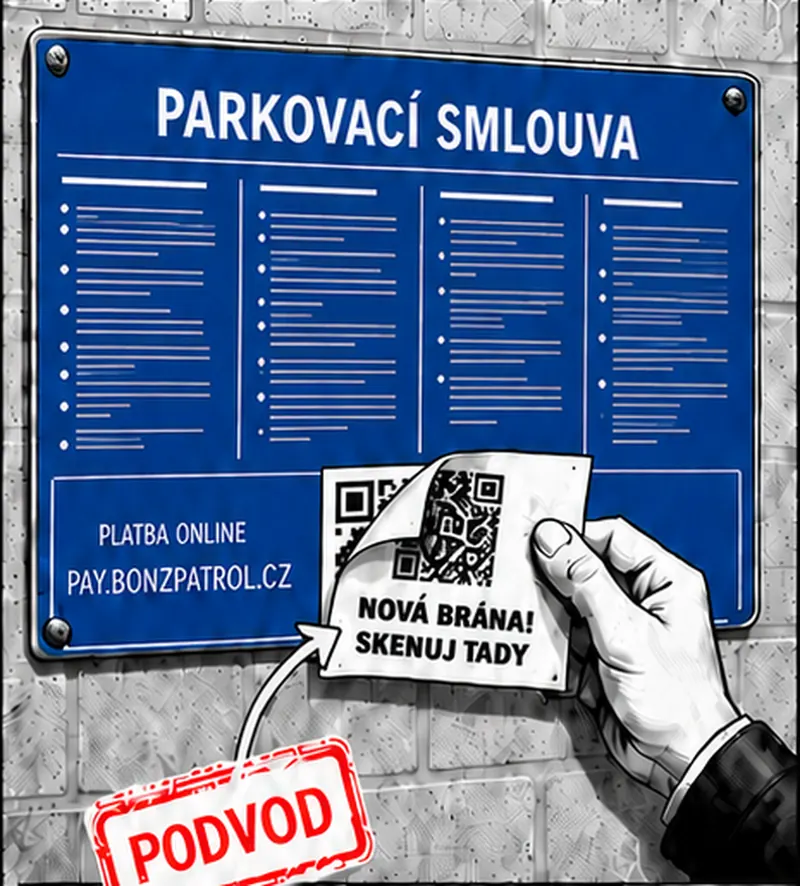 Velká modrá cedule Parkovací smlouva s QR kódem, přes který někdo lepí falešný QR kód.