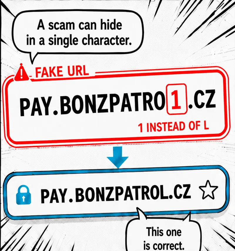 A comparison of the fraudulent address PAY.BONZPATRO1.CZ, using the digit one, with the official address PAY.BONZPATROL.CZ.