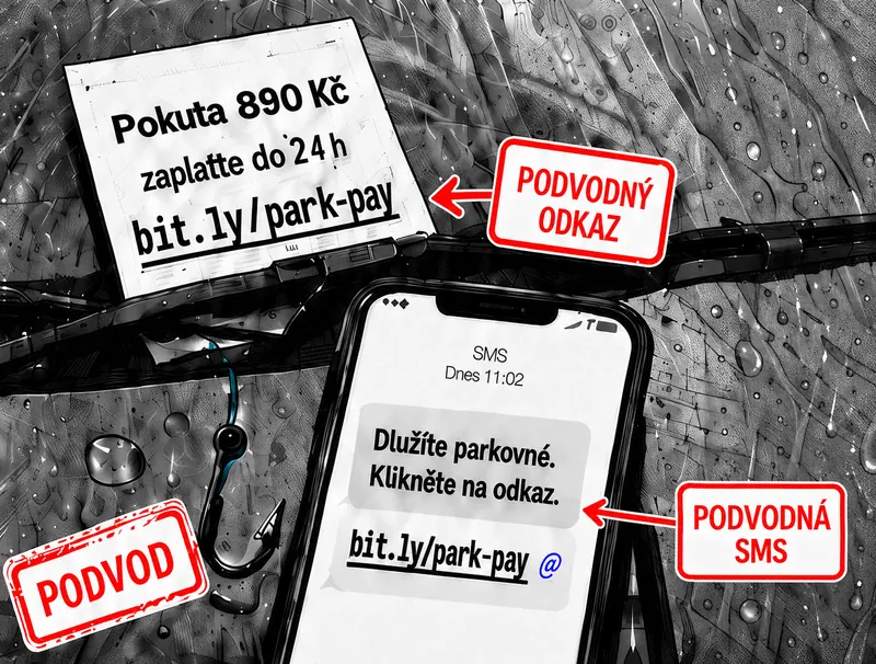 Podvodný lístek za stěračem a telefon s podvodnou SMS, oba s krátkým odkazem bit.ly/park-pay.